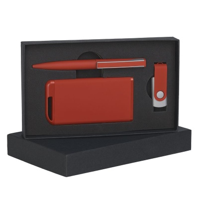 Набор ручка + флеш-карта 16Гб + зарядное устройство 4000 mAh, soft touch, красный с серебристым